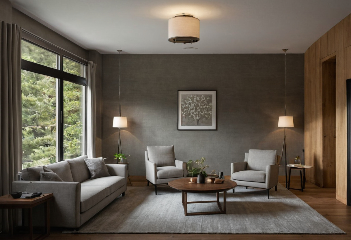 Luxury interior image showing Wall art hanging height should start at eye level, then adjust for furniture and seated sightlines